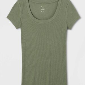 A New Day Olive Green Slim Fit Ribbed Short Sleeve Tee Shirt Size M Medium NEW